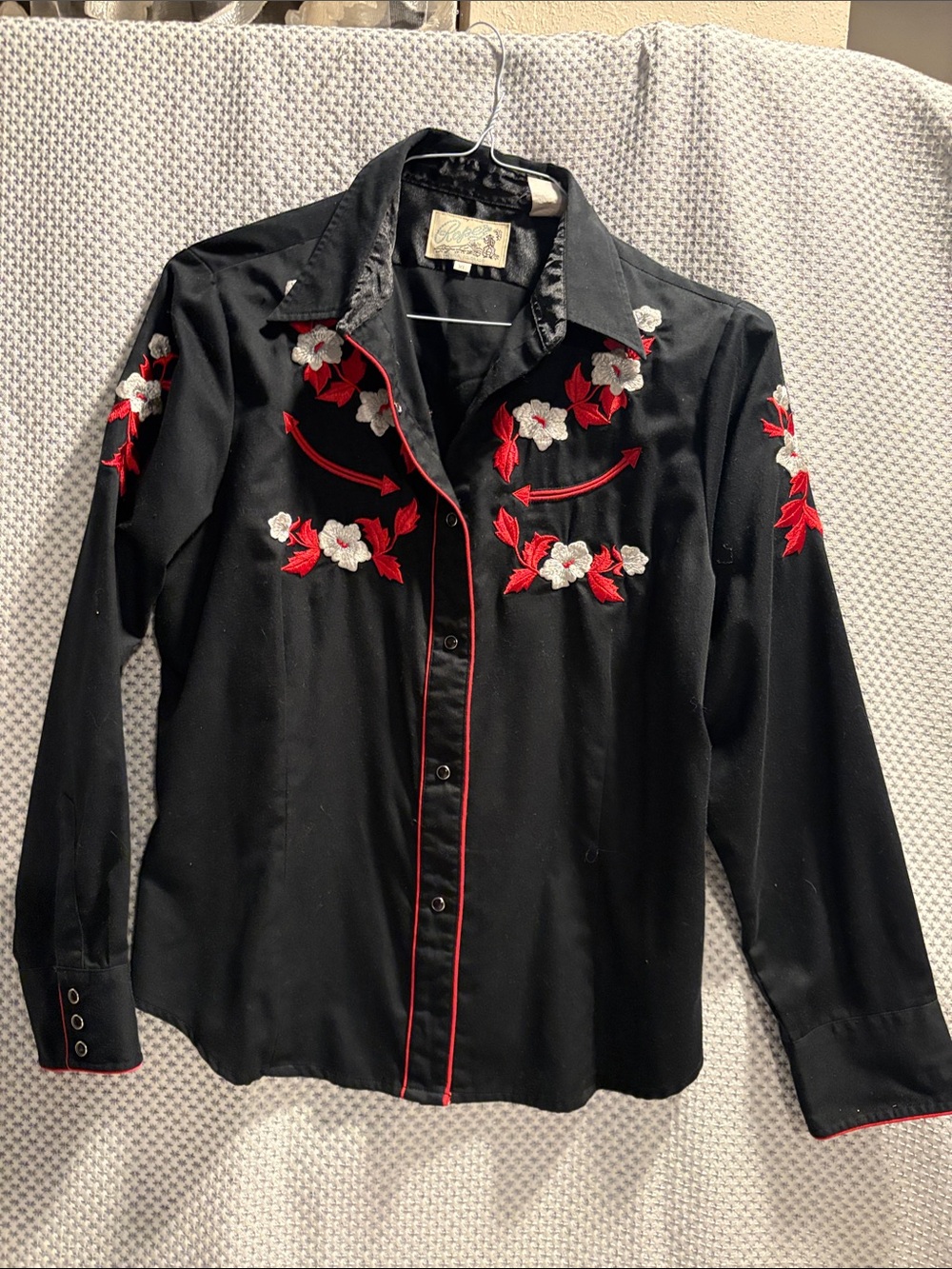 Roper Black Button-Down Shirt with Red & White Floral Embroidery